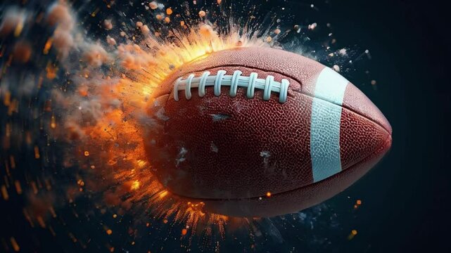 Explosion dynamique d'un ballon de football am&eacute;ricain sur fond noir AI | IA