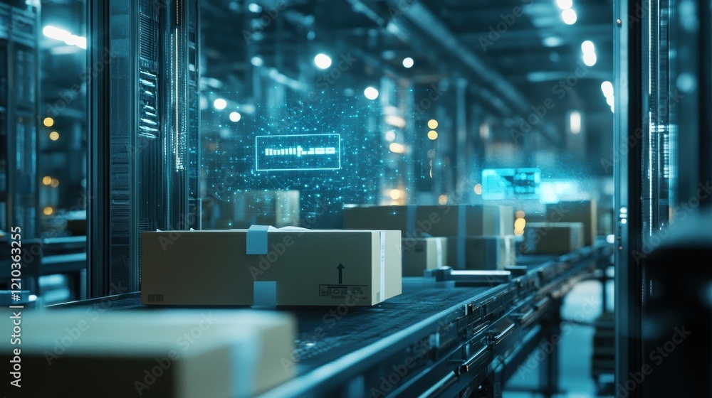 Poster cardboard boxes moving on a conveyor belt in a distribution warehouse using artificial intelligence 