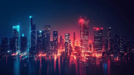 Fototapeta premium cyberpunk cityscape with glowing red and blue lights, futuristic skyline, dynamic and atmospheric perspective