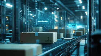 Cardboard boxes moving on a conveyor belt in a distribution warehouse using artificial intelligence to track and manage inventory, ensuring efficient logistics and timely delivery