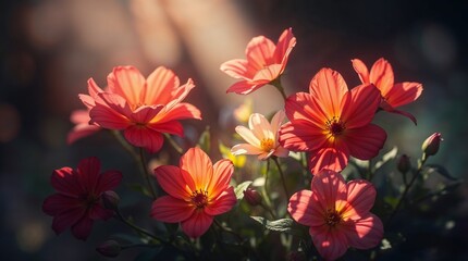 Vibrant orange flowers illuminated by soft sunlight in a dark atmospheric setting
