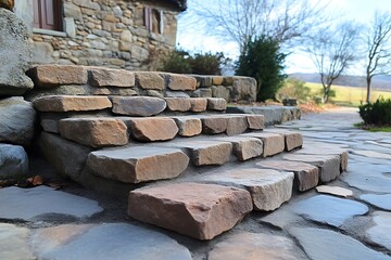 Rustic stone steps leading to a stone house.