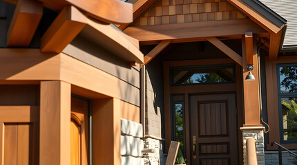 Obraz premium Modern Luxury Home Exterior Design: Wooden Facade, Stone Accents, and Stylish Entrance. High-end residential architecture showcasing contemporary style and refined details.