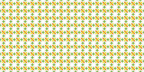 Seamless Geometric Flower Pattern with Orange and Green Colors in Symmetrical Design. Perfect for textiles, wallpapers, and backgrounds due to its cheerful and intricate appearance.