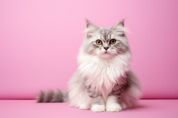 Fototapeta premium Portrait of a funny siberian cat isolated in solid pastel color wall