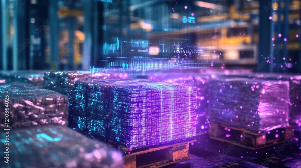 Poster futuristic warehouse utilizing advanced technology and data analysis for efficient inventory control