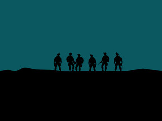 soldiers silhouette on mountain with blue background
