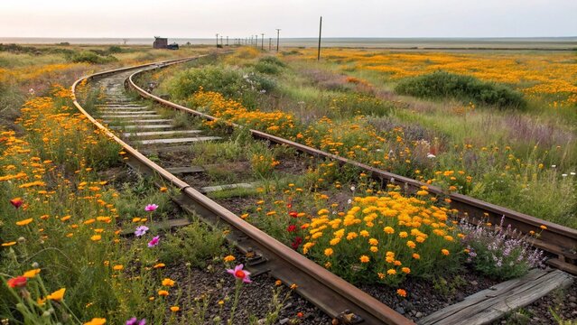 A field of bright wildflowers overtaking old train tracks, the metal rails warped and bent, blending into the overgrowth.