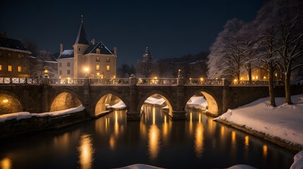Fototapeta premium Historic Bridge Illuminated at Night 