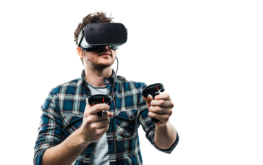 A virtual reality gaming setup with a player fully immersed in an exciting gaming experience Isolated on transparent background PNG