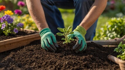 Gardener planting seedlings, hands-on care in a lush and vibrant garden setting