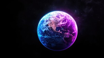 Fototapeta premium Stylized planet Earth glowing with vibrant blue and purple neon light in the dark expanse of outer space.