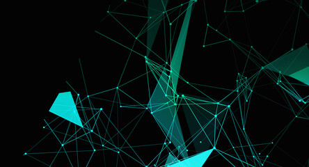 Abstract geometric network with cyan lines and shapes on a black background representing technology connections