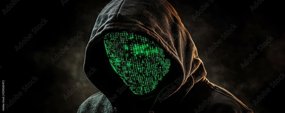 Poster hooded hacker with a glowing mask composed of digital code in a dark environment
