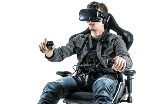 A gamer fully engaged in a virtual reality setup, experiencing immersive gameplay in real time Isolated on transparent background PNG
