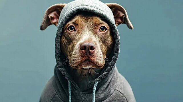 Dog with an elegant grey hoody on a solid studio blue color background. Copy space for text. Cute cool Puppy dressed fashion clothes, hood at head. Humor, summer. Funny animal creative concept