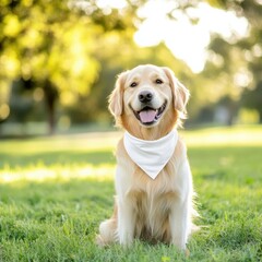 Bandanas mockup concept. A golden retriever wearing a white bandana sits happily in a sunlit grassy field.