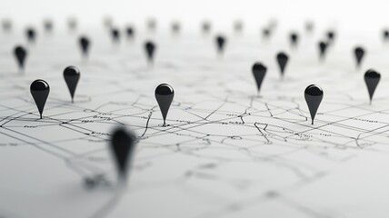 Abstract Representation of Location Markers on a Map with Depth of Field Effect Highlighting Navigation and Geographical Trends