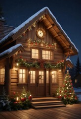 Fototapeta premium Christmas decorations adorning a wooden house, garland, snowy streets, evergreen branches