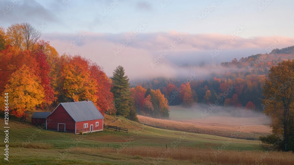 Poster a red barn in a field with trees in the background