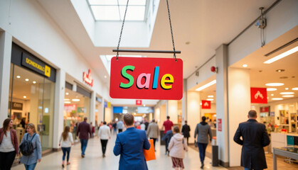 Vibrant sale sign inside busy shopping mall, attracting shoppers