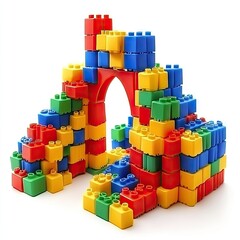 Fototapeta premium Colorful building blocks castle, child's play, white background, educational toy