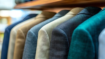 Fototapeta premium A close-up view of neatly arranged suits showcasing various textures and colors, ideal for fashion or business presentations.