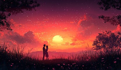 Fototapeta premium Vector Flat Illustration of a Young Man and Woman Couple in Love – Simple, Modern Design of Affection and Connection