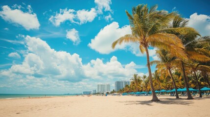 Naklejka premium a beach with palm trees and blue umbrellas