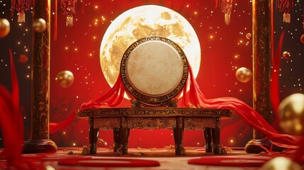 A traditional Chinese drum displayed at the center, surrounded by an ornate, circular platform with intricate golden details