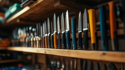 Obraz premium A close-up view of a well-organized knife rack showcasing various kitchen knives in different colors and designs.