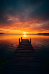 Obraz premium A vibrant sunset over a tranquil lake with golden light reflecting off the gentle waves. 