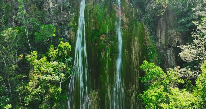 Beautiful tropical rainforest and waterfall El Limon in the mountan, Samana island, Dominican Republic. Famous place for tourism in Dominicana