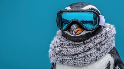 A closeup portrait of a penguin dressed for winter, featuring a patterned scarf and mirrored ski goggles