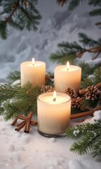 Cinnamon-scented candles and pine needles on a snow-covered tree branch, pine needles, candlelight, soft glow