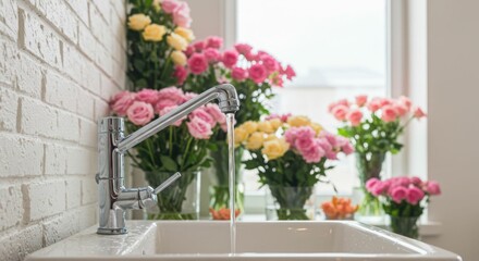 Fototapeta premium Flowing faucet with blooming roses and peonies near a sunlit white brick wall