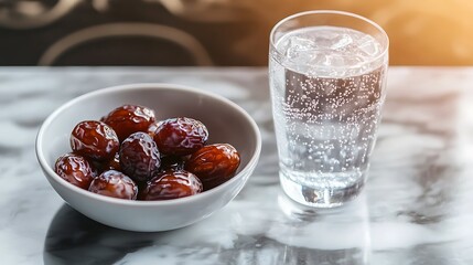 Bowl of Dates with Sparkling Water on Marble Background with Light Reflections
