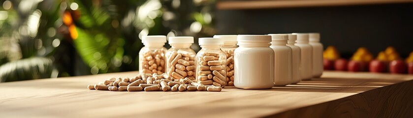 A collection of glass jars filled with natural supplements displayed on a wooden table, reflecting health and wellness.