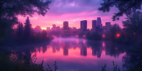 Fototapeta premium Pink city sunrise reflected in calm lake water.