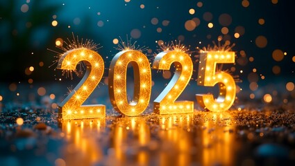 Glowing "2025 Happy New Year" text with swirling patterns and a starry aura of celebration.
