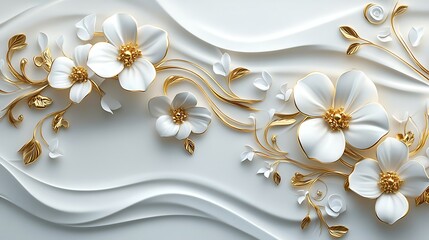 3D wallpaper with a white and gold floral background