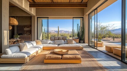 Minimalist luxury retreat in the desert with large windows, natural textures, and a serene view 