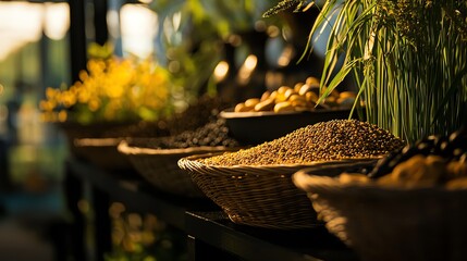 Fototapeta premium A beautiful display of assorted grains and seeds in wicker baskets, showcasing natural colors and textures in a vibrant market setting.