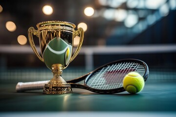Glimmering golden champion cup alongside a tennis ball and racket in an indoor court setting