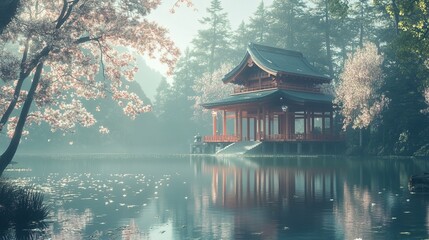 Fototapeta premium Japanese Shinto shrine in a tranquil forest, surrounded by cherry blossoms and a peaceful pond 