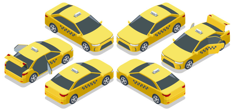 Multiple yellow taxi cars in isometric vector view with open and closed doors and trunks, showcasing their different functionalities and angles. Taxi transport, service. Taxi car.