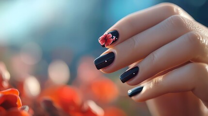 Naklejka premium A close-up of a hand with elegantly manicured nails featuring a floral design, surrounded by vibrant red flowers.