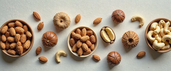 A row of bowls with nuts and seeds on a white background. The bowls are arranged in a line, with some bowls containing cashews and others containing almonds