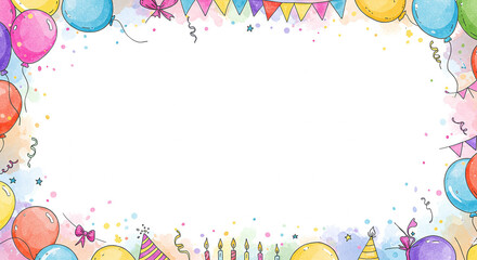 Festive Watercolor Birthday Party Border with Balloons Candles and Confetti