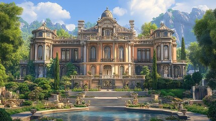 Classic Renaissance-style palace with grand architecture, lush gardens, and ornate details 